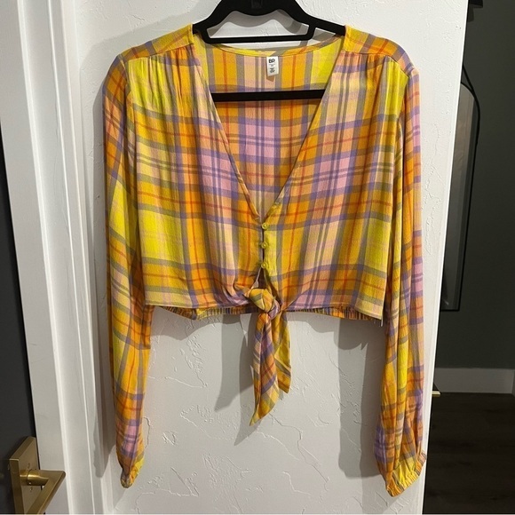 BP Yellow Orange Purple Tartan Plaid Front Tie Crop Top Medium - Picture 3 of 13